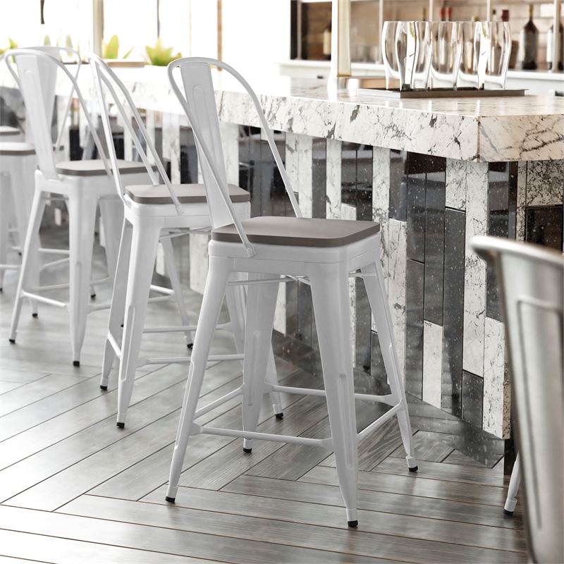 Afuera Living Counter Stool with Removable Back/Poly Seat in White/Gray