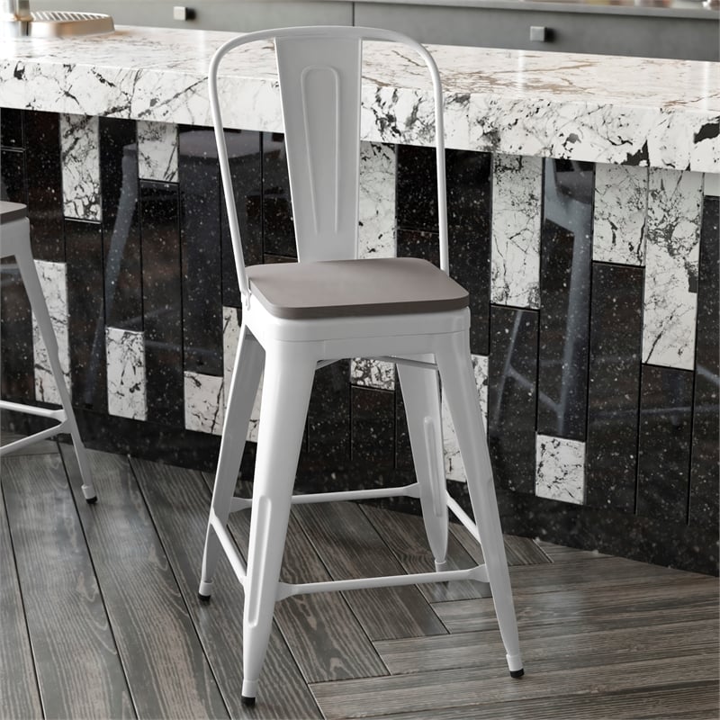 Afuera Living Counter Stool with Removable Back/Poly Seat in White/Gray