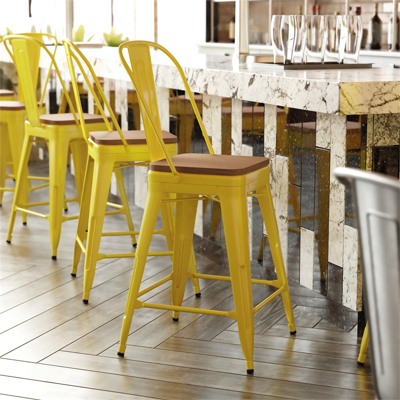 Afuera Living Counter Stool with Removable Back/Poly Seat in Yellow/Teak