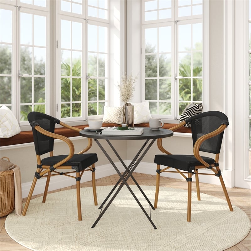 Afuera Living 2 Pack Paris Chairs with Arms & Natural Metal Frame in Black