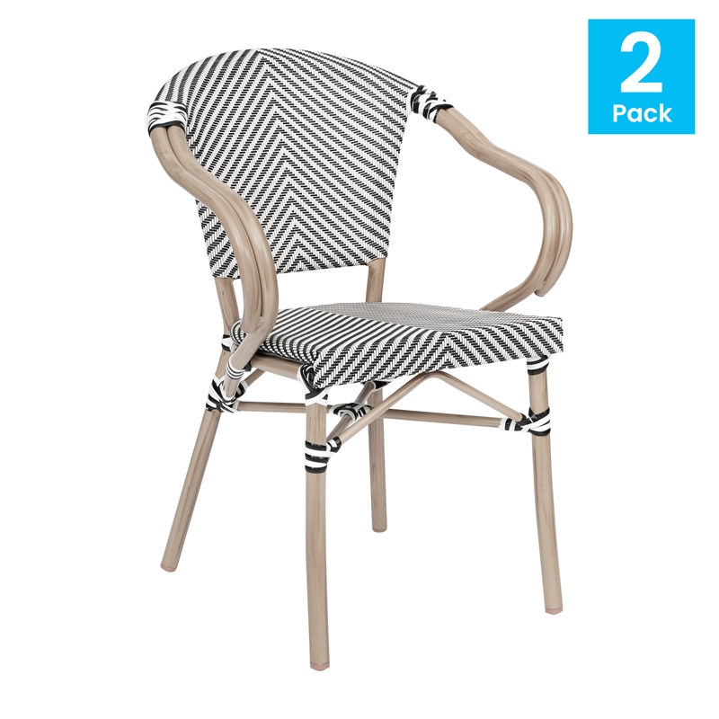 Afuera Living 2 Paris Chairs with Arms & LT NAT Metal Frame in Black/White