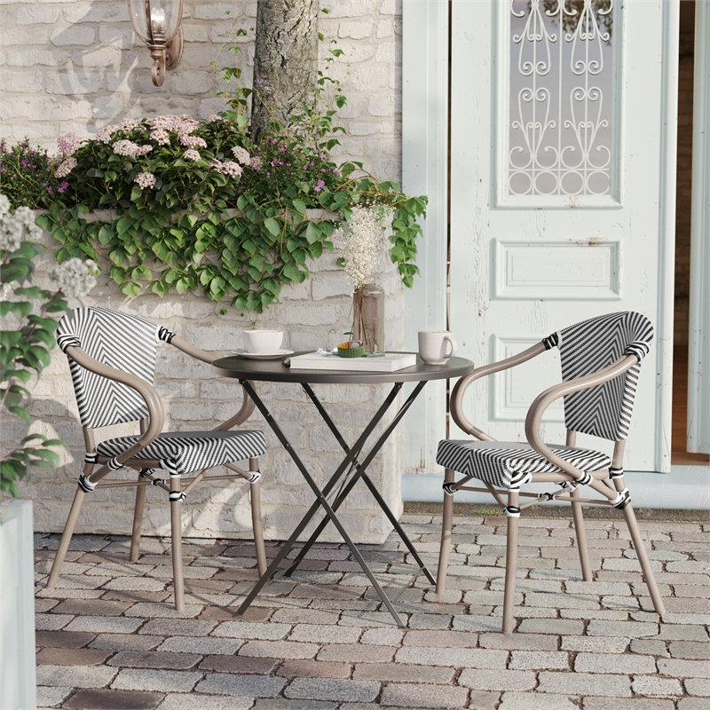 Afuera Living 2 Paris Chairs with Arms & LT NAT Metal Frame in Black/White