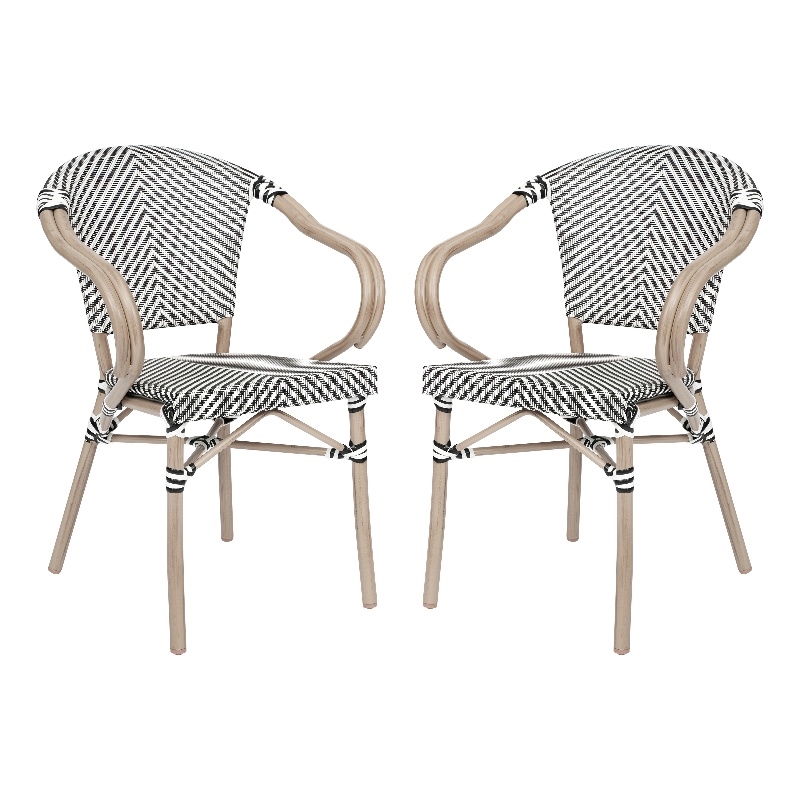 Afuera Living 2 Paris Chairs with Arms & LT NAT Metal Frame in Black/White