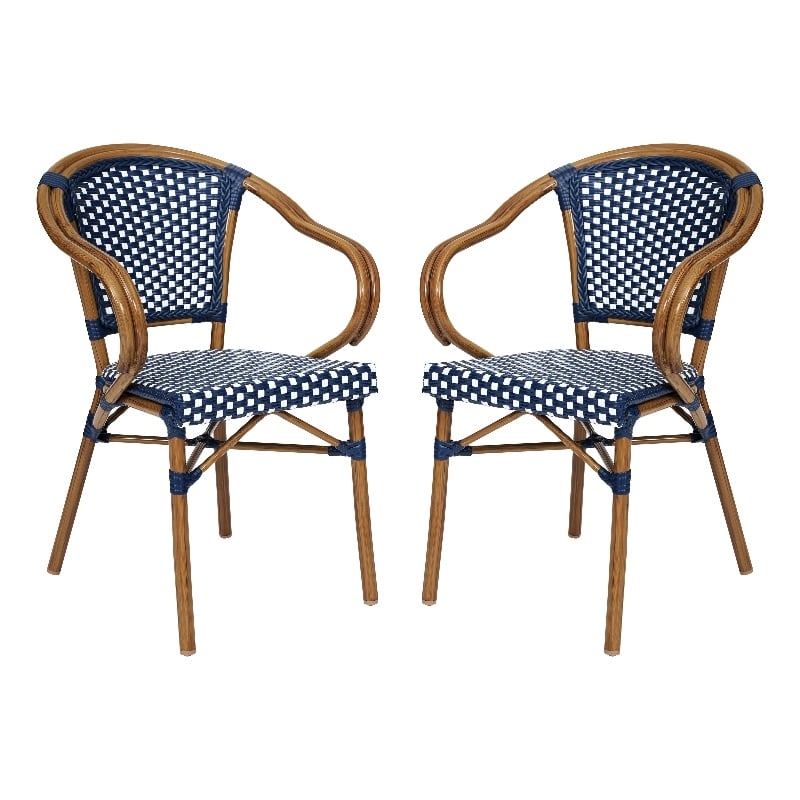 Afuera Living 2 Pack Paris Chairs with Bamboo Print Metal Frames in Navy/White