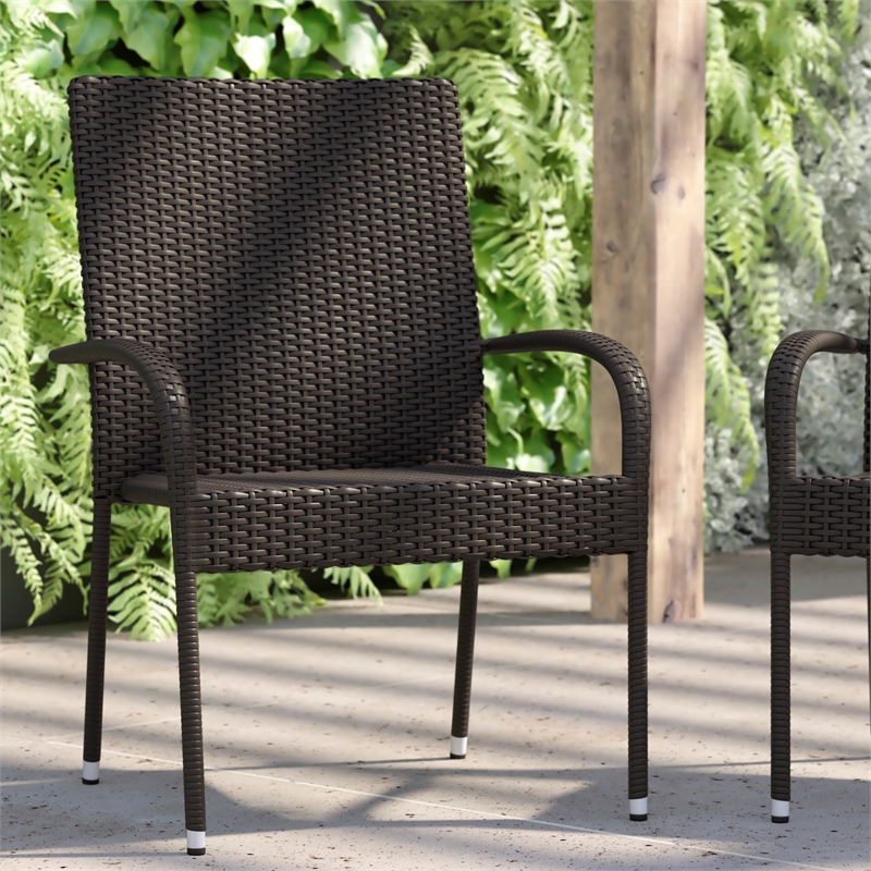 Afuera Living Stacking Steel Framed Espresso Wicker Dining Armchairs - 2 Pack