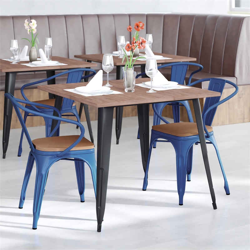 Afuera Living Metal Stack Chair with Arms & Poly Resin Seat in Blue/Teak