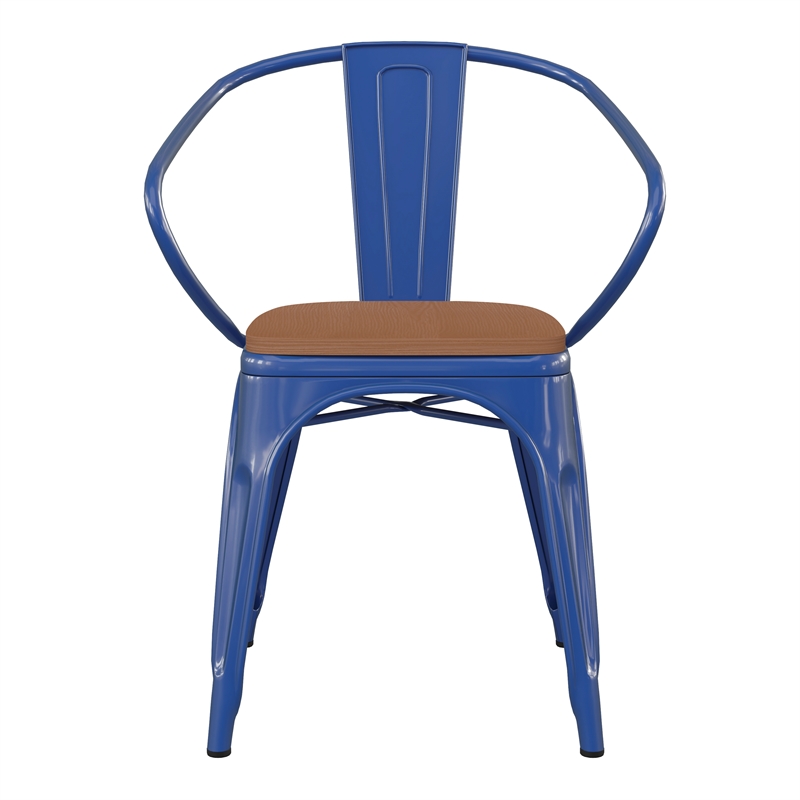 Afuera Living Metal Stack Chair with Arms & Poly Resin Seat in Blue/Teak