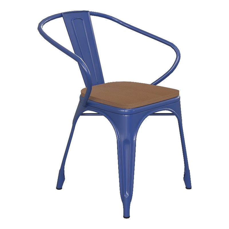Afuera Living Metal Stack Chair with Arms & Poly Resin Seat in Blue/Teak