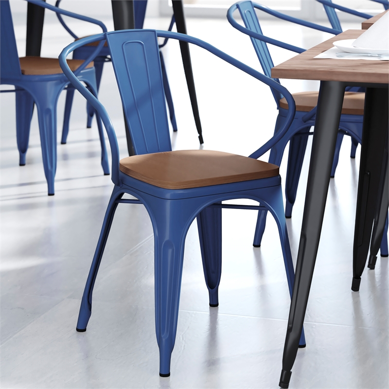 Afuera Living Metal Stack Chair with Arms & Poly Resin Seat in Blue/Teak
