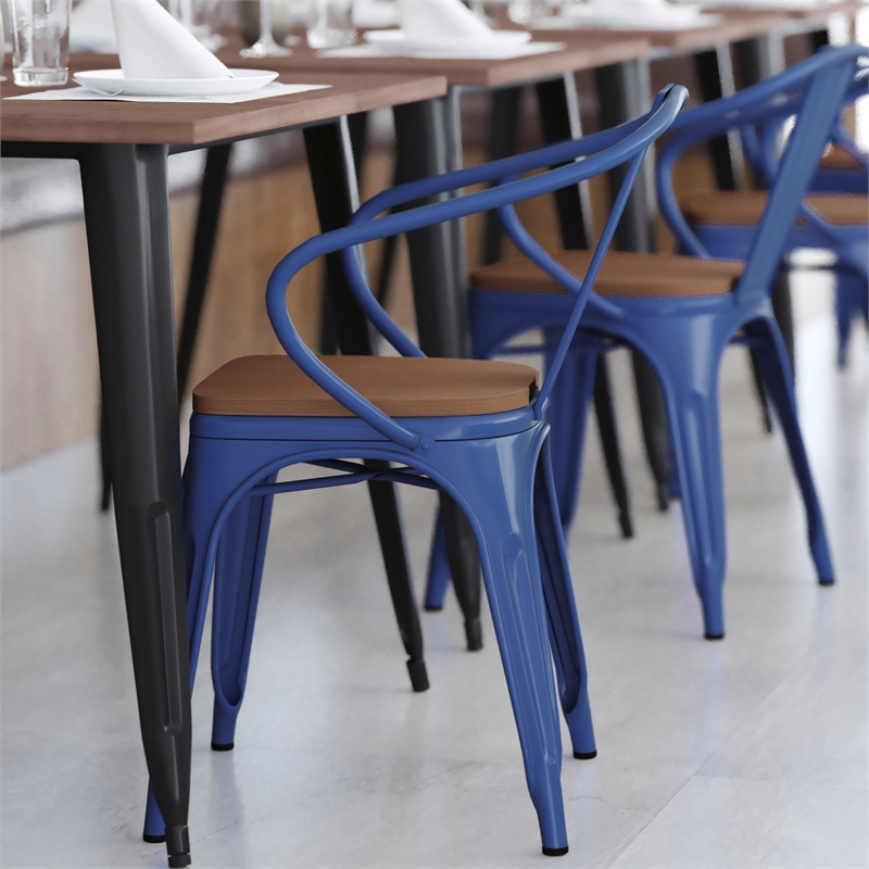 Afuera Living Metal Stack Chair with Arms & Poly Resin Seat in Blue/Teak
