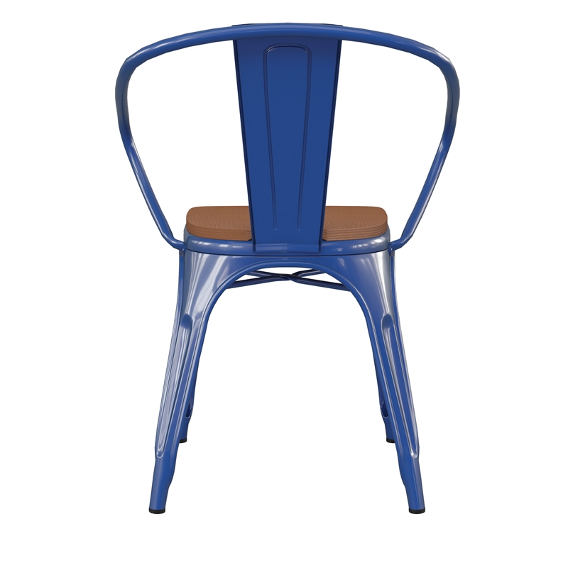 Afuera Living Metal Stack Chair with Arms & Poly Resin Seat in Blue/Teak