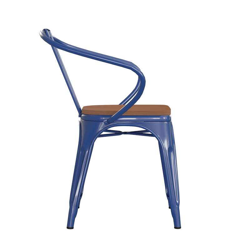 Afuera Living Metal Stack Chair with Arms & Poly Resin Seat in Blue/Teak