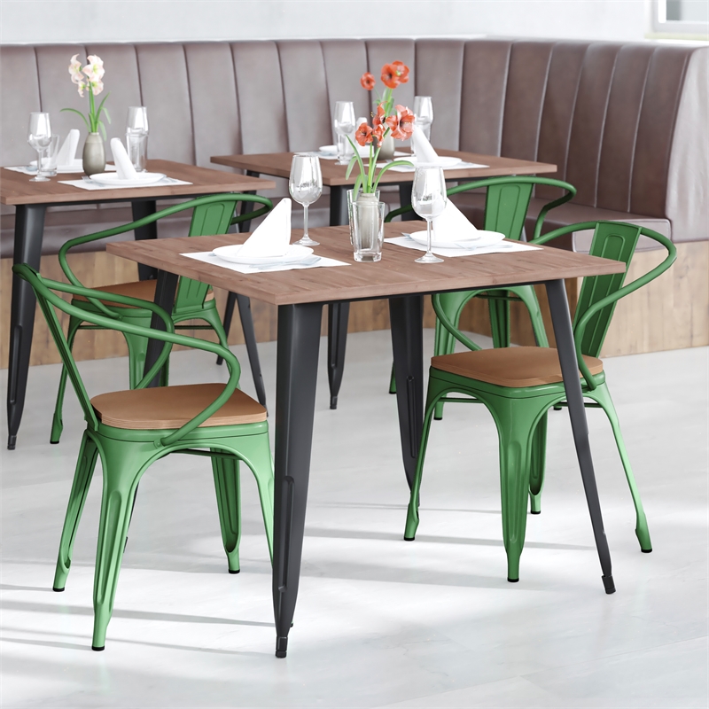 Afuera Living Metal Stack Chair with Arms & Poly Resin Seat in Green/Teak
