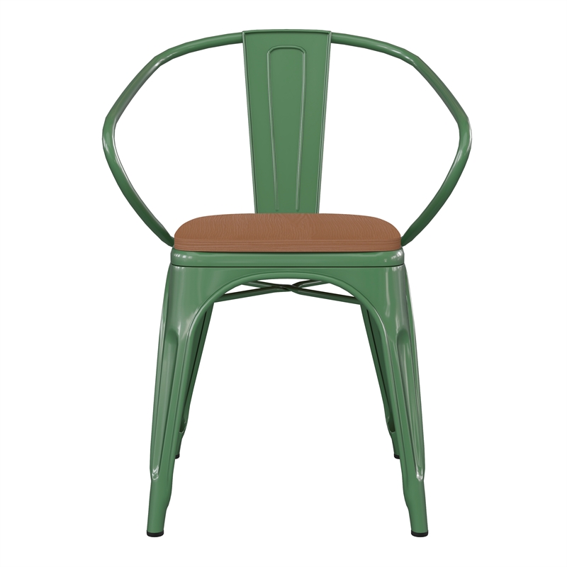 Afuera Living Metal Stack Chair with Arms & Poly Resin Seat in Green/Teak