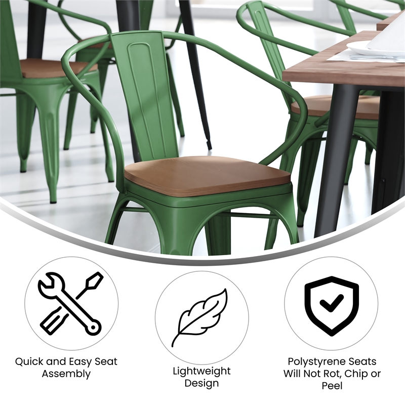 Afuera Living Metal Stack Chair with Arms & Poly Resin Seat in Green/Teak