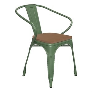 Afuera Living Metal Stack Chair with Arms & Poly Resin Seat in Green/Teak