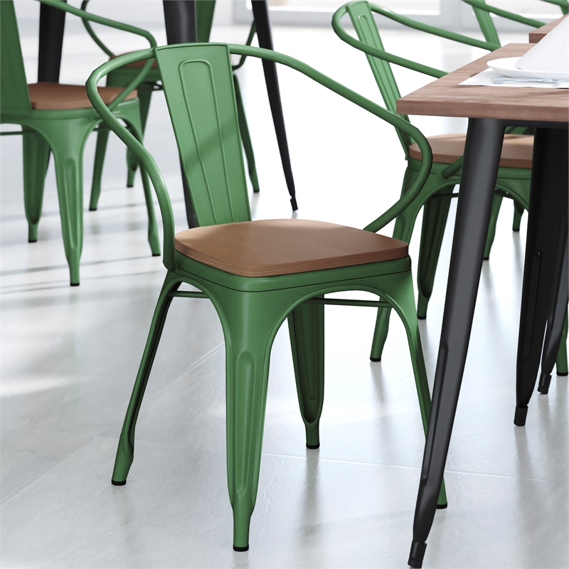 Afuera Living Metal Stack Chair with Arms & Poly Resin Seat in Green/Teak