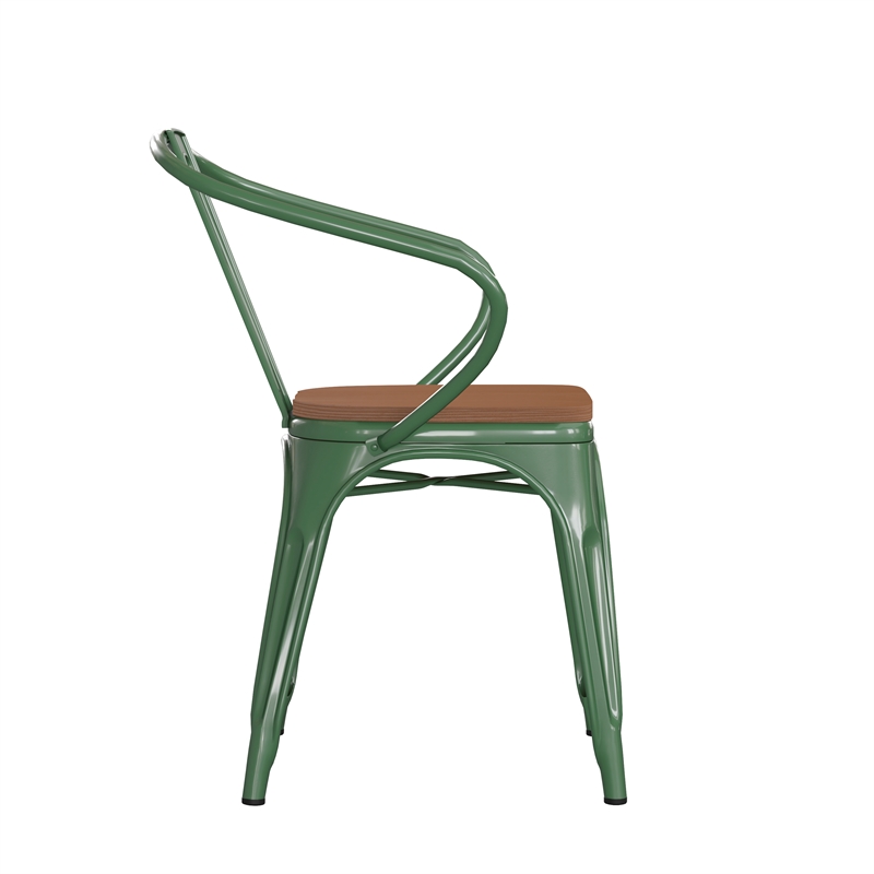 Afuera Living Metal Stack Chair with Arms & Poly Resin Seat in Green/Teak