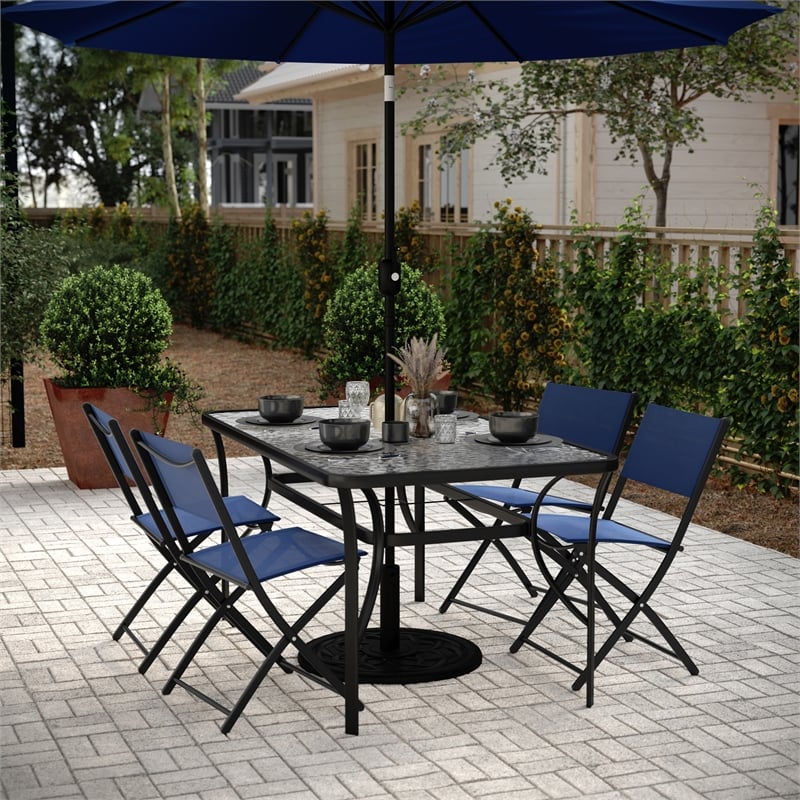 Afuera Living 35x59 Glass & Steel Patio Table with Umbrella Hole in Black