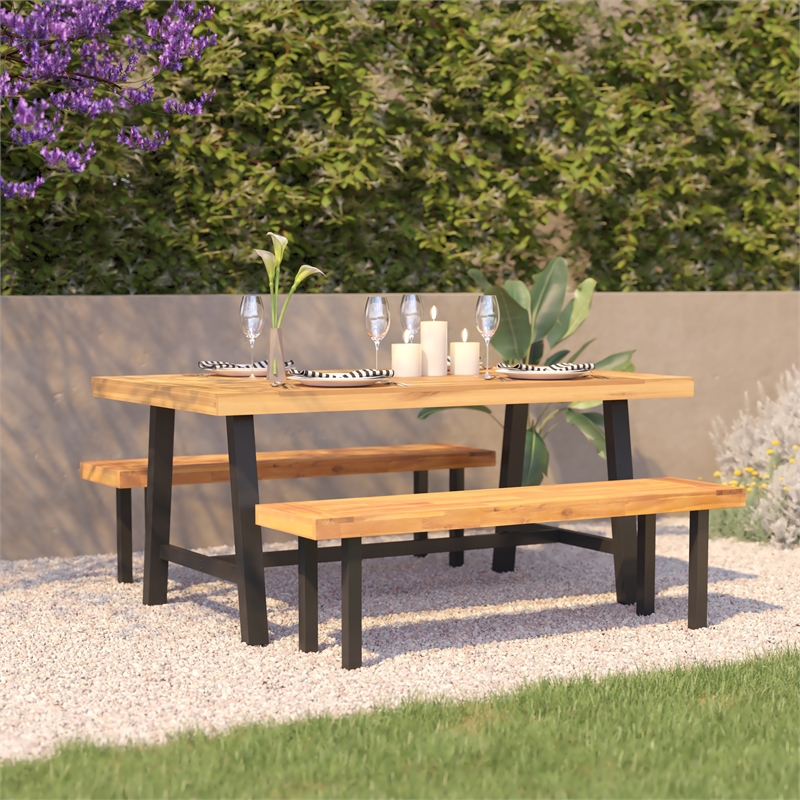 Afuera Living Acacia Wood Top Patio Table with Metal Base in Natural/Black