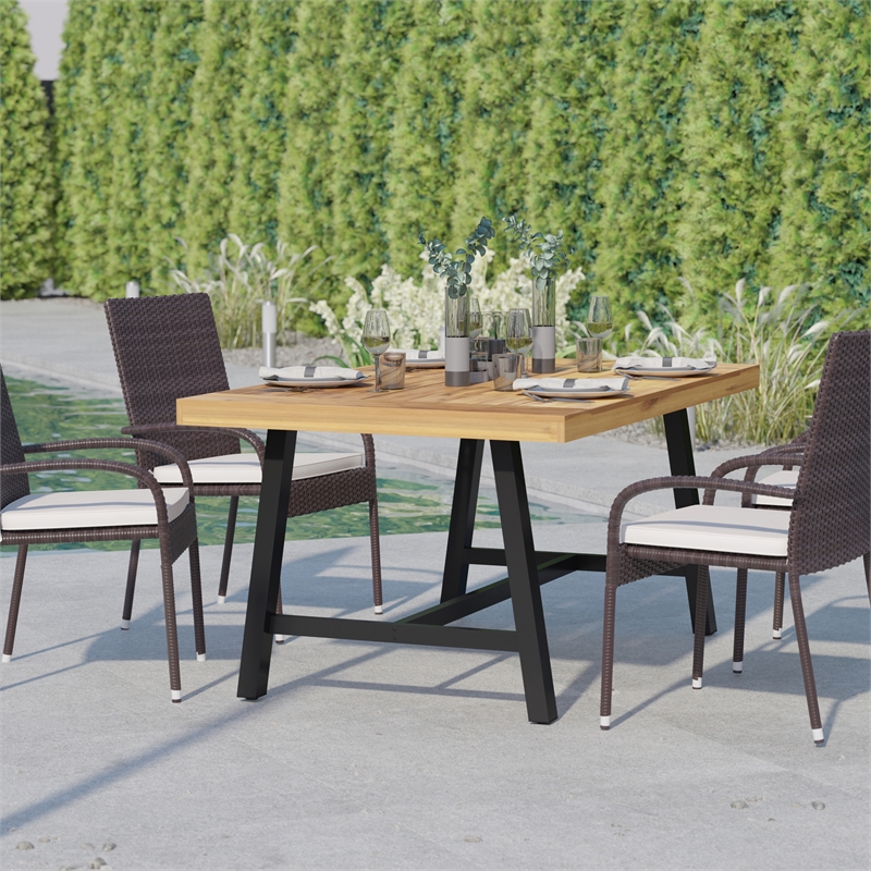 Afuera Living Acacia Wood Top Patio Table with Metal Base in Natural/Black