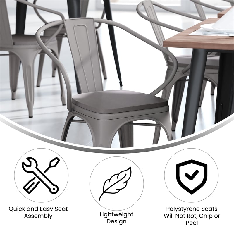 Afuera Living Metal Stack Chair with Arms & Poly Resin Seat in Silver/Gray