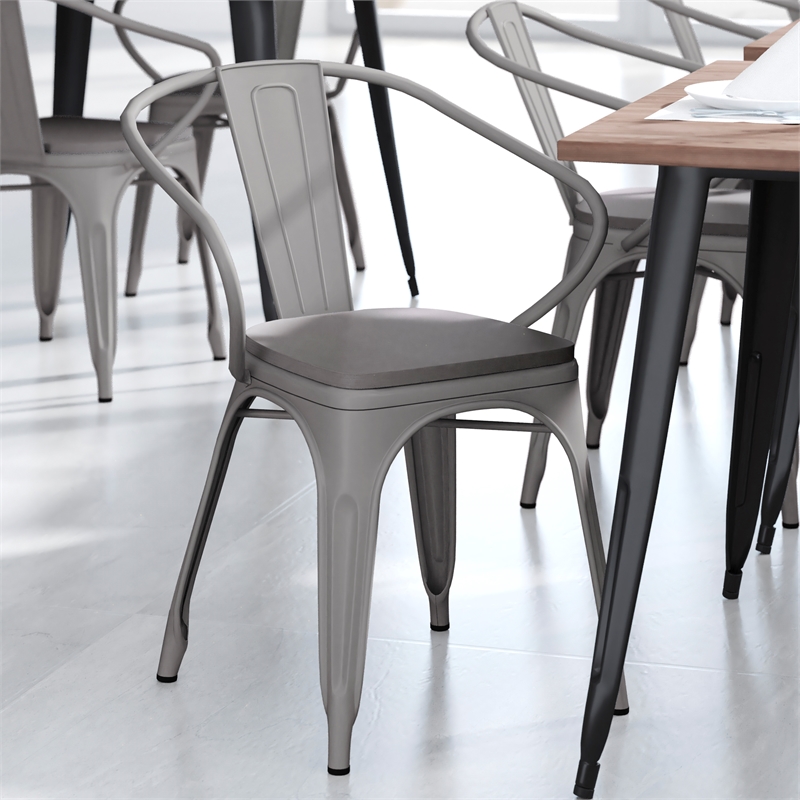 Afuera Living Metal Stack Chair with Arms & Poly Resin Seat in Silver/Gray