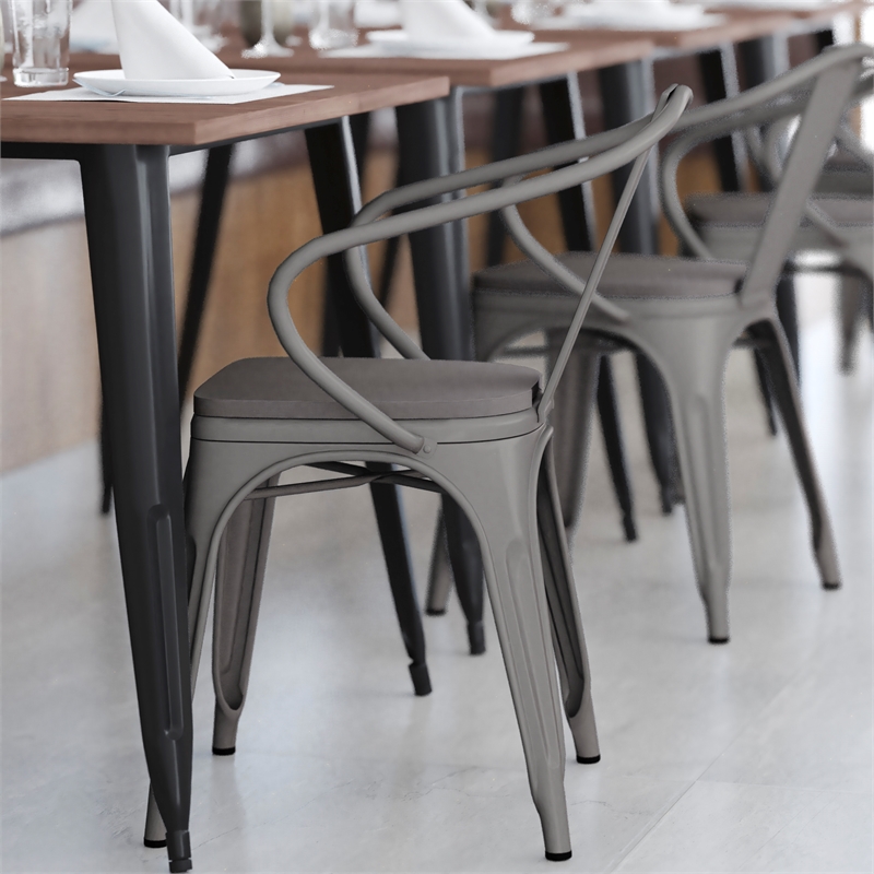 Afuera Living Metal Stack Chair with Arms & Poly Resin Seat in Silver/Gray