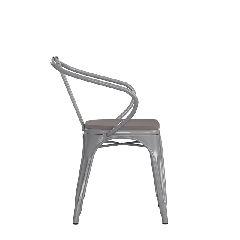 Afuera Living Metal Stack Chair with Arms & Poly Resin Seat in Silver/Gray