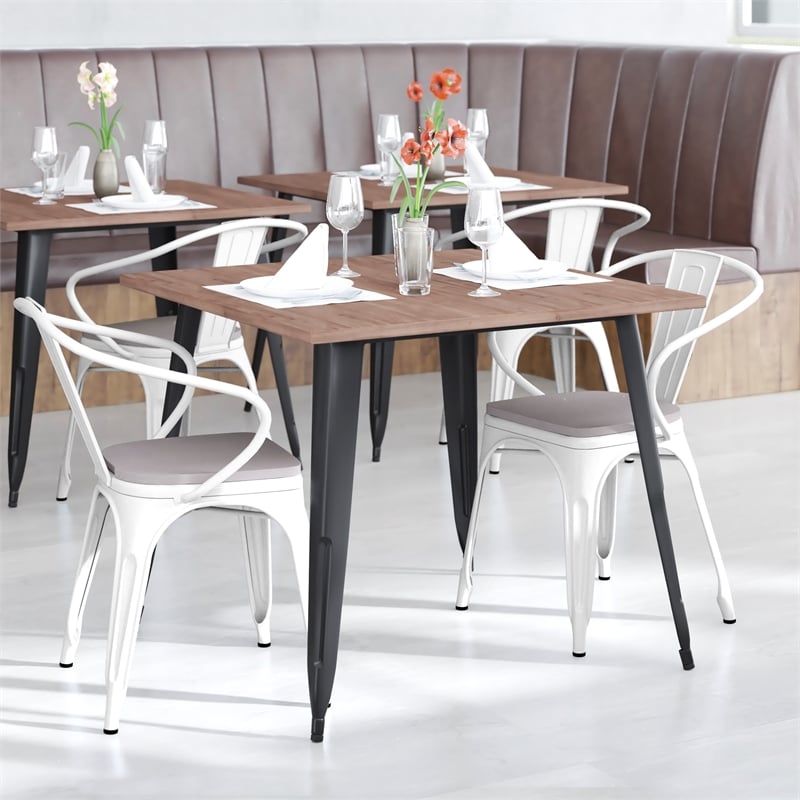Afuera Living Metal Stack Chair with Arms & Poly Resin Seat in White/Gray