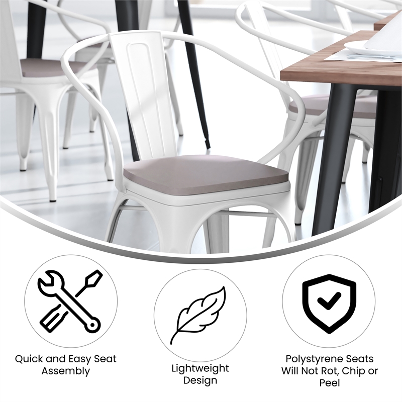 Afuera Living Metal Stack Chair with Arms & Poly Resin Seat in White/Gray