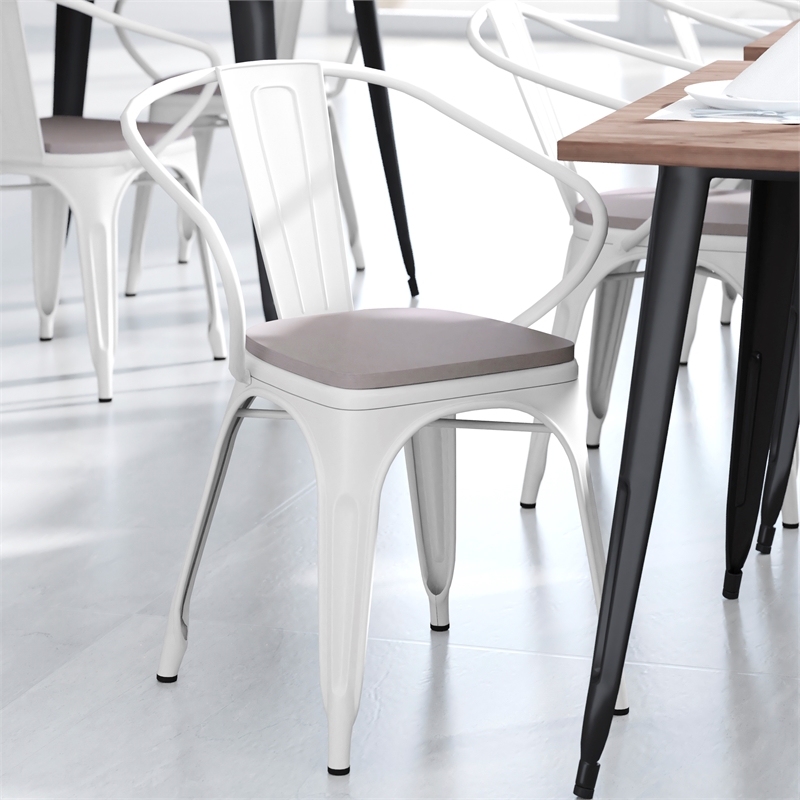 Afuera Living Metal Stack Chair with Arms & Poly Resin Seat in White/Gray