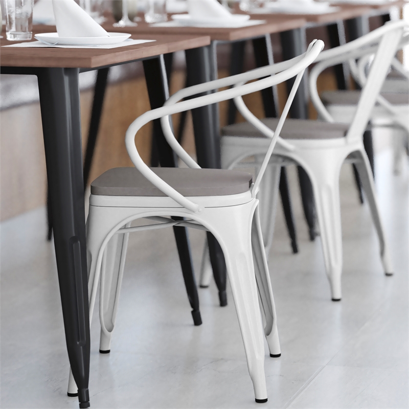 Afuera Living Metal Stack Chair with Arms & Poly Resin Seat in White/Gray
