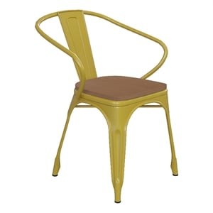 Afuera Living Metal Stack Chair with Arms & Poly Resin Seat in Yellow/Teak