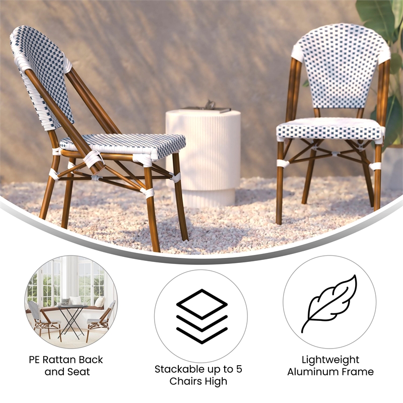 Afuera Living Paris Chair with Bamboo Print Aluminum Frame in White/Navy