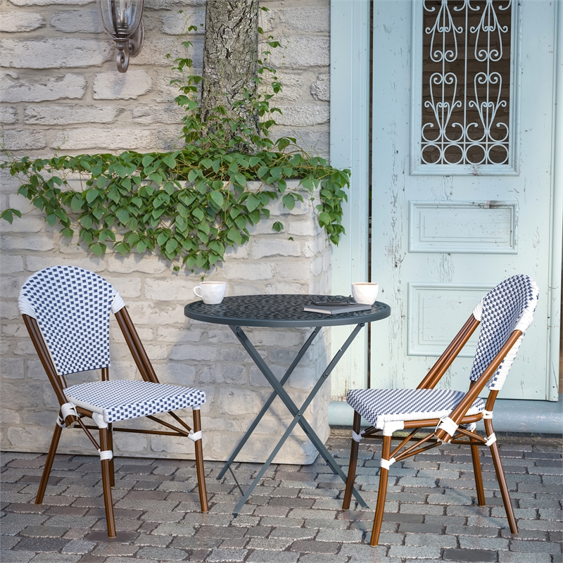 Afuera Living Paris Chair with Bamboo Print Aluminum Frame in White/Navy
