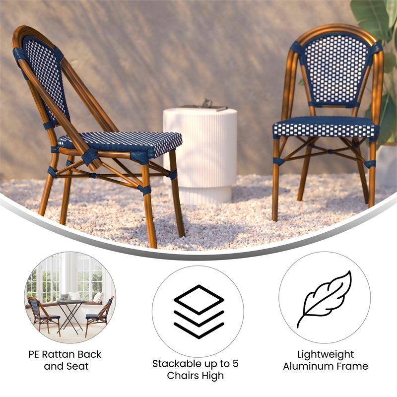 Afuera Living Paris Chair with Bamboo Print Aluminum Frame in Navy/White