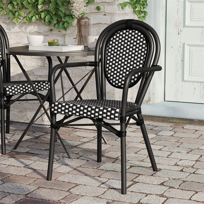 Afuera Living All-Weather Paris Chair with Black Metal Frame in Black/White
