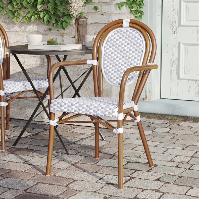Afuera Living Paris Chair with Bamboo Print Metal Frame in White/Gray
