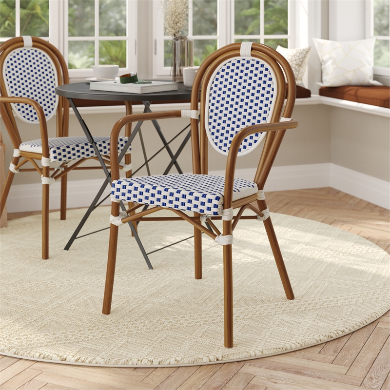 Afuera Living Paris Chair with Bamboo Print Metal Frame in White/Navy