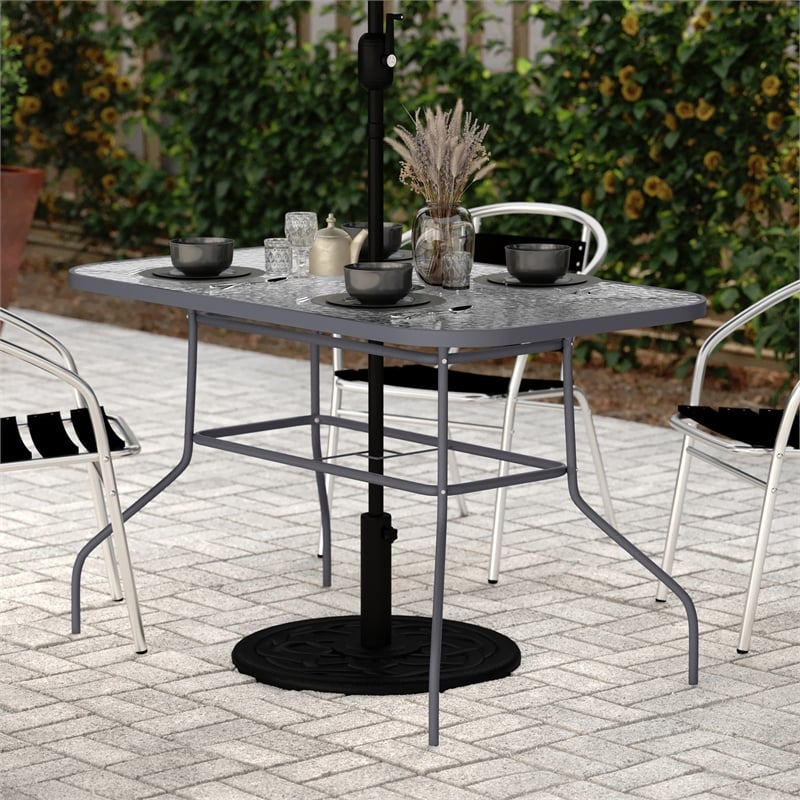 Afuera Living 47.25x27.5 Glass & Steel Patio Table with Umbrella Hole in Silver