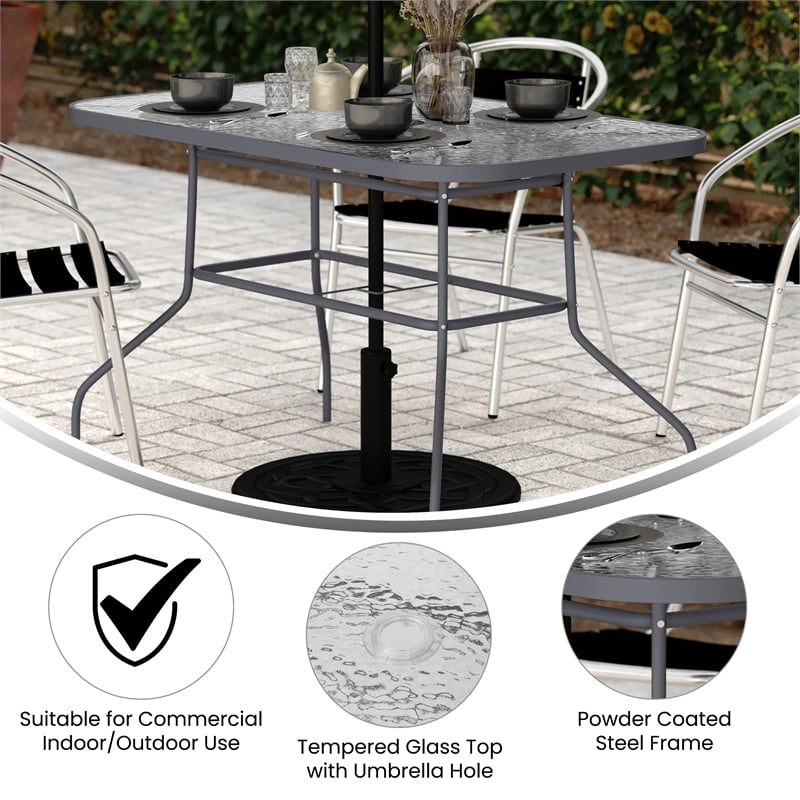 Afuera Living 47.25x27.5 Glass & Steel Patio Table with Umbrella Hole in Silver