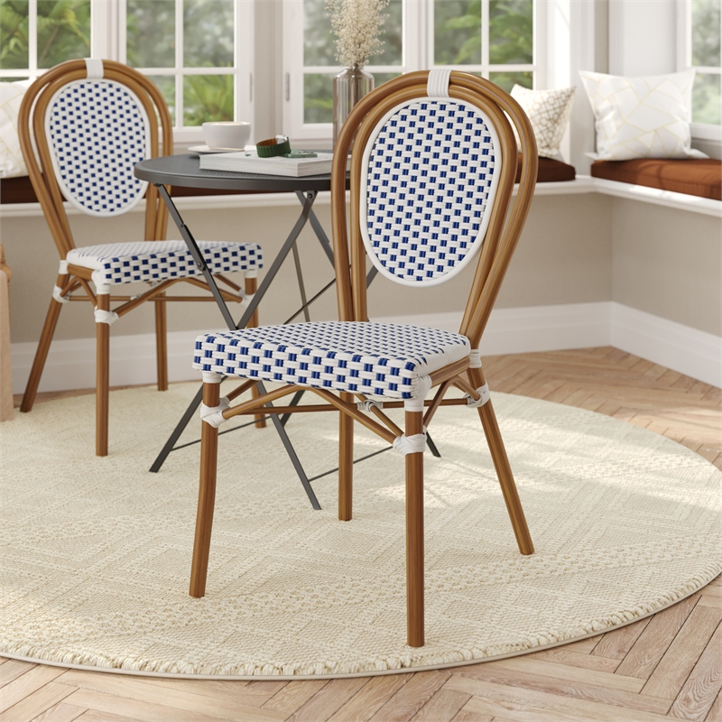 Afuera Living Paris Chair with Bamboo Print Metal Frame in White/Navy