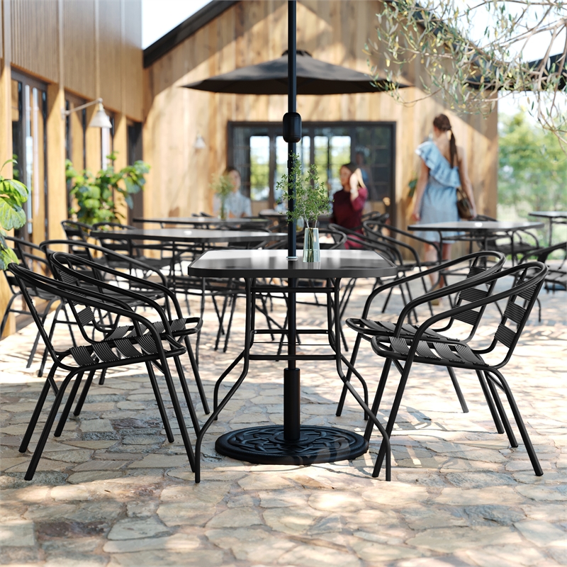 Afuera Living Patio Dining Set with Tempered Glass Top Table & 4 Chairs in Black