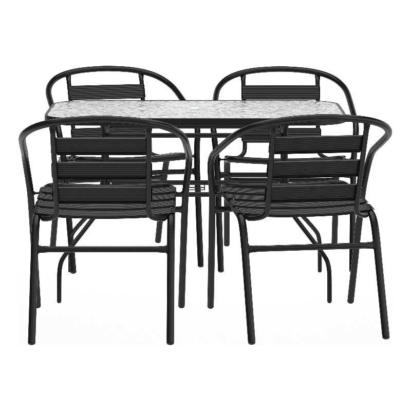 Afuera Living Patio Dining Set with Tempered Glass Top Table & 4 Chairs in Black