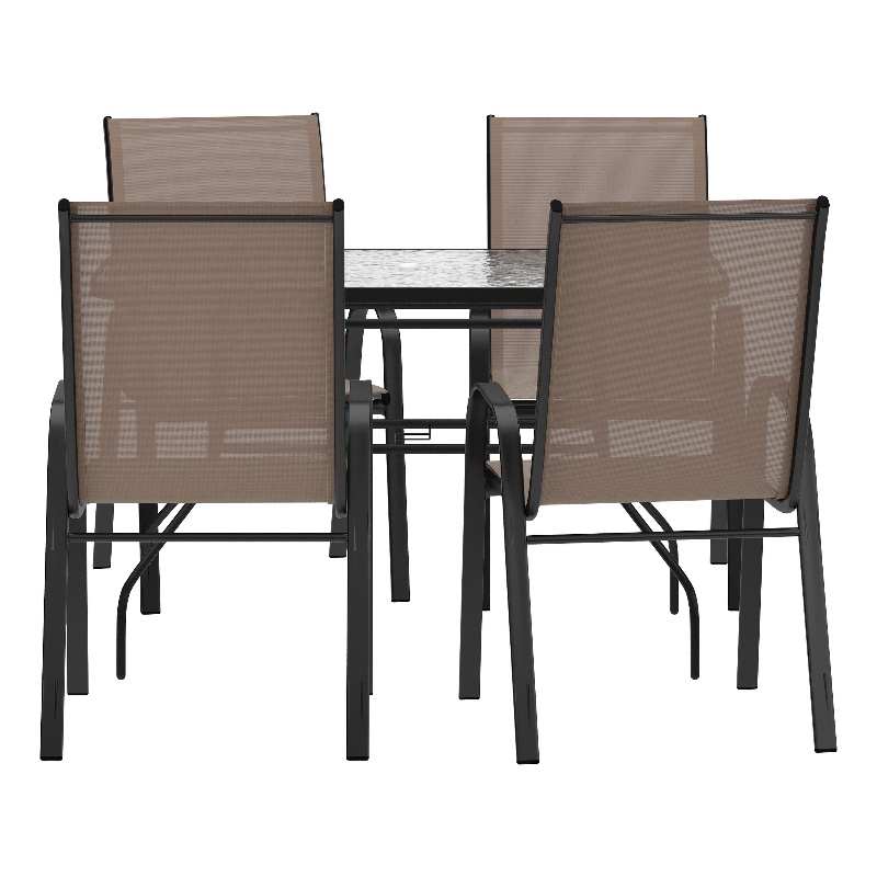 Afuera Living 5 Pc Outdoor Patio Dining Set with Glass Table & 4 Chairs in Brown