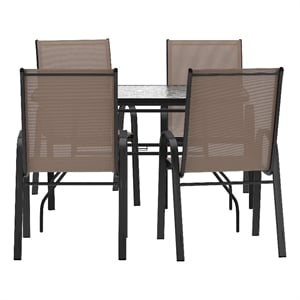 Afuera Living 5 Pc Outdoor Patio Dining Set with Glass Table & 4 Chairs in Brown