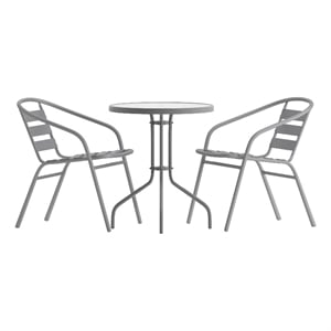 Afuera Living 23.75&quot Round Glass Frame Table with 2 Silver Slat Back Chairs