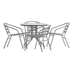 Afuera Living 31.5&quot Round Glass Frame Table with 4 Silver Slat Back Chairs