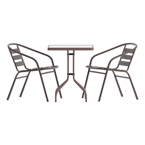 Afuera Living 23.5&quot Square Glass Frame Table with 2 Bronze Slat Back Chairs